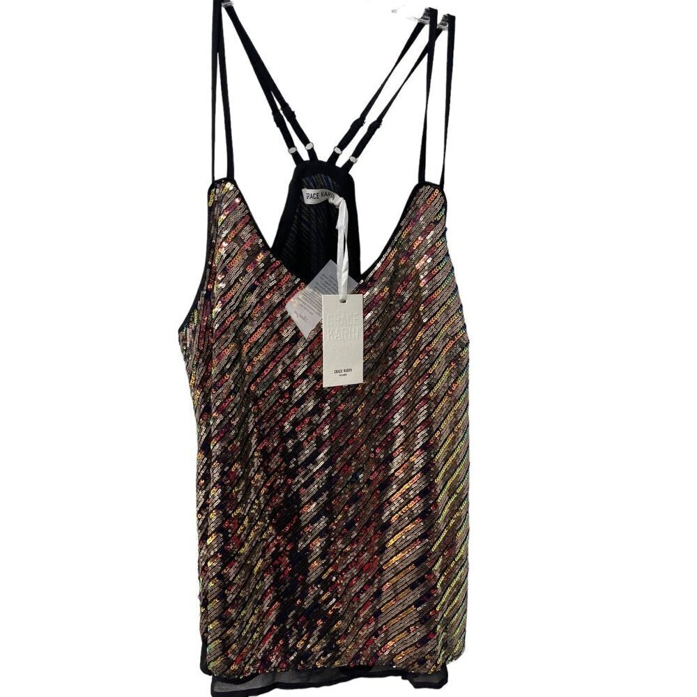 NEW GRACE KARIN Sequined Cami Top Dual Shoulder Strap V-Neck A-Line Tops Size XL